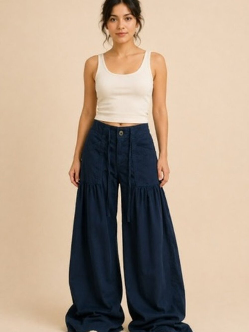 XCVI Navy Wide Leg Ruched Cotton Pants Size Medium
